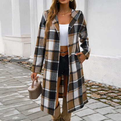 Manteau Long Carreaux Femme Capuche Boutons