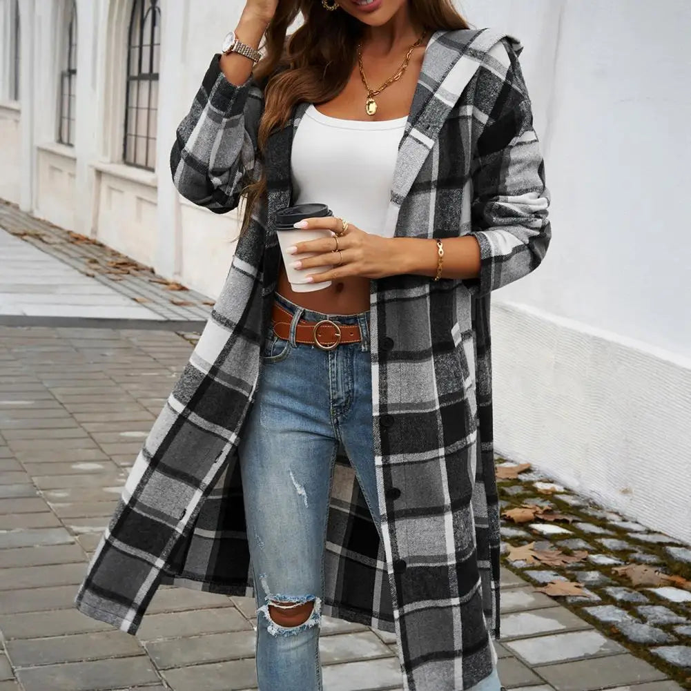 Manteau Long Carreaux Femme Capuche Boutons