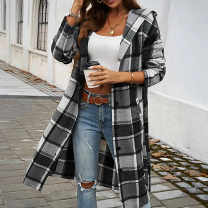 Manteau Long Carreaux Femme Capuche Boutons