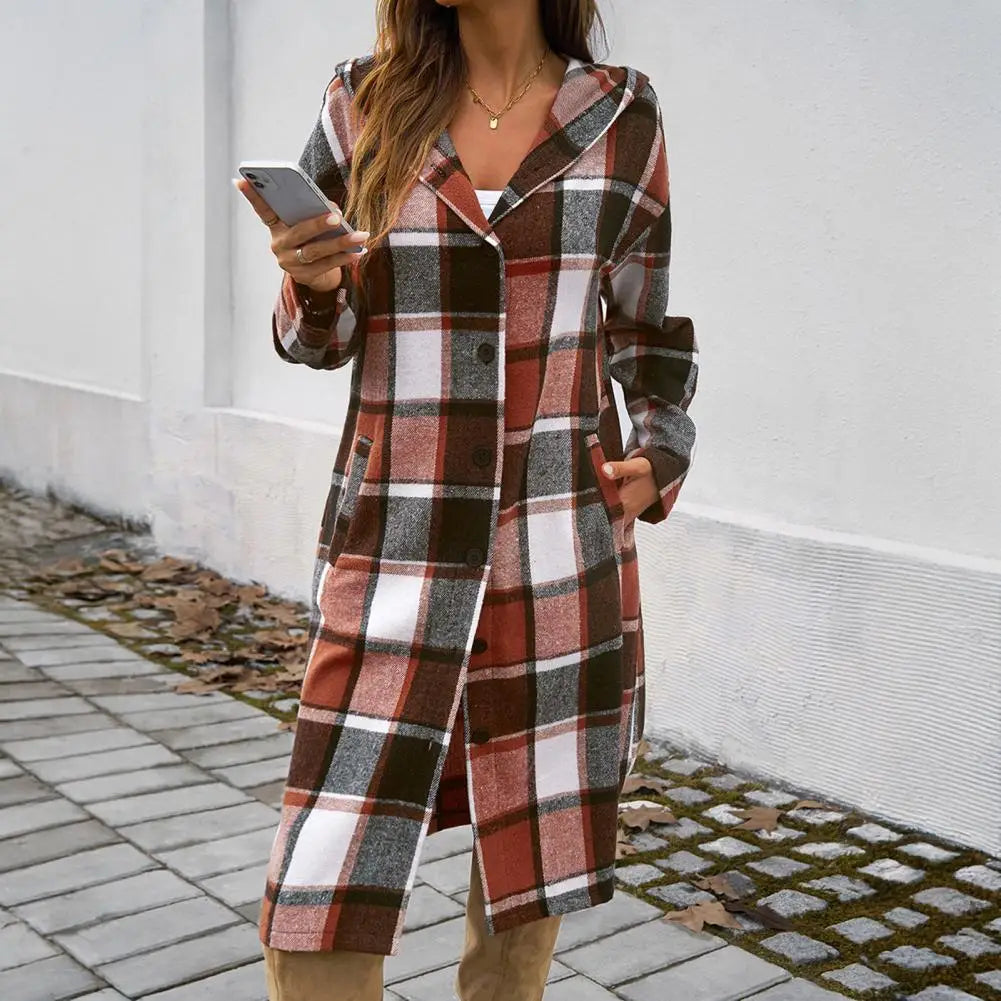 Manteau Long Carreaux Femme Capuche Boutons