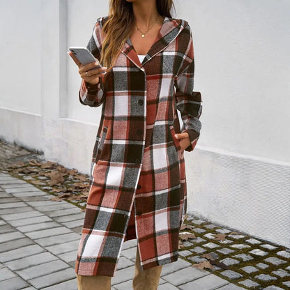 Manteau Long Carreaux Femme Capuche Boutons