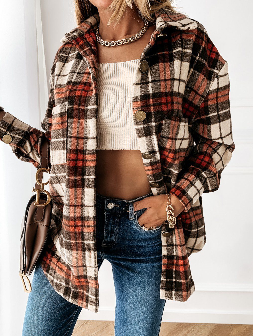 Cardigan femme oversize à carreaux manches longues
