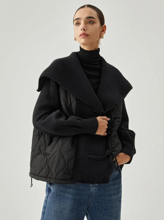 Damen Winterjacke Gefüttert Rippdetails Breiter Kragen - IdealeKleiden