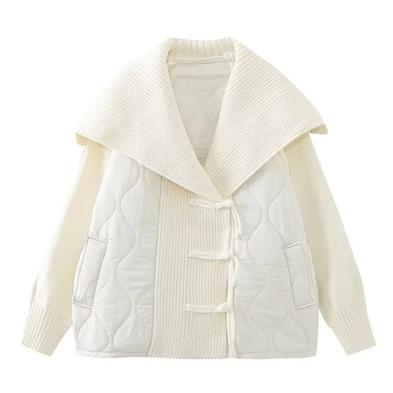 Veste d'hiver femme doublée, détails côtelés, large col