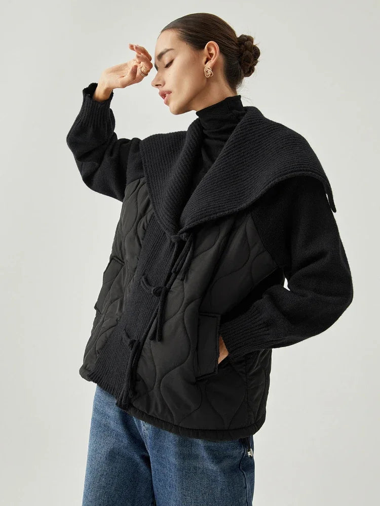 Veste d'hiver femme doublée, détails côtelés, large col