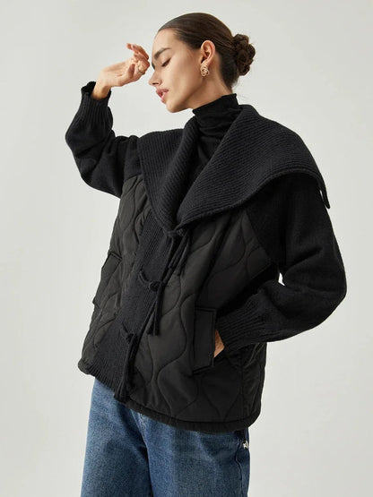 Veste d'hiver femme doublée, détails côtelés, large col