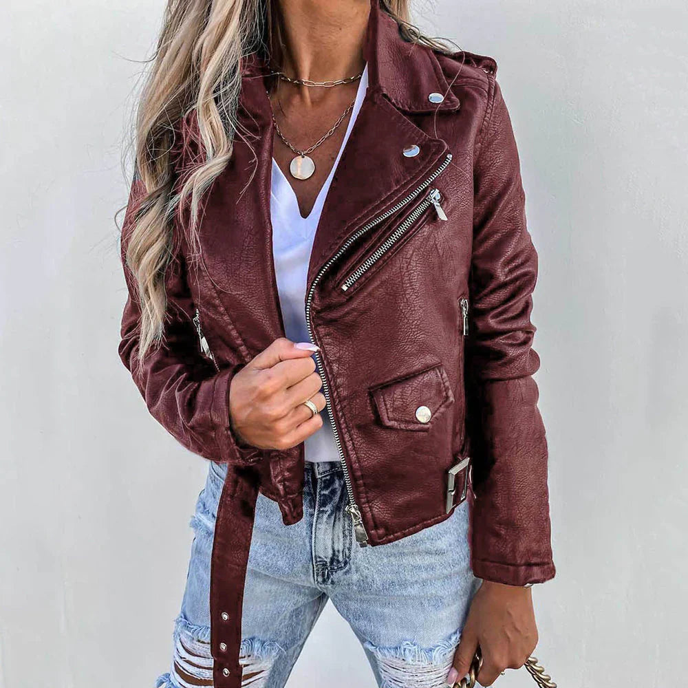 Blouson en cuir pour femme à fermeture rapide