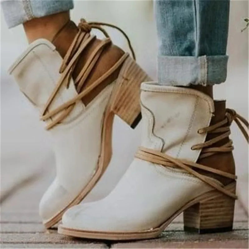 Bottes Western Cuir Marron Vieilli Talon Bloc Femme