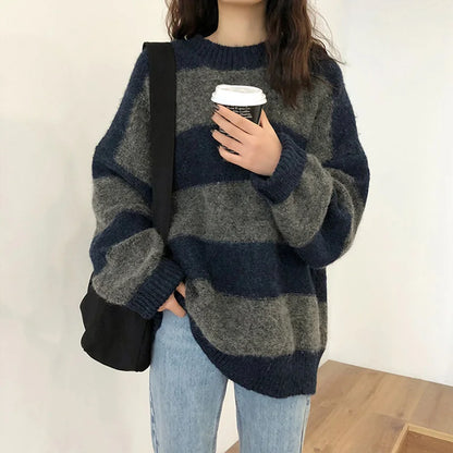 Pull tricoté grande taille rayé pour femme mode automne
