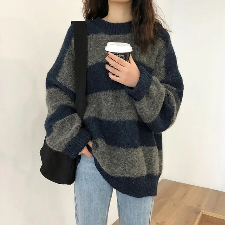 Pull tricoté grande taille rayé pour femme mode automne