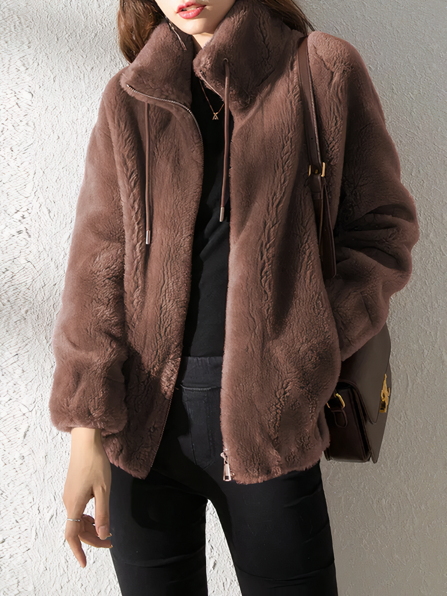 Weiche Fleecejacke Teddy Look - Hoher Kragen - Reißverschluss - IdealeKleiden