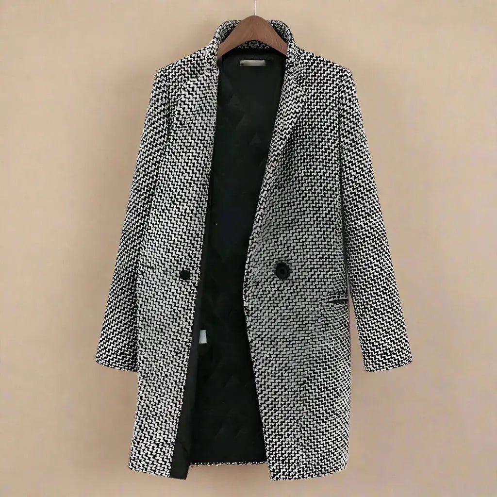 Manteau long élégant à motif pied-de-poule pour femme