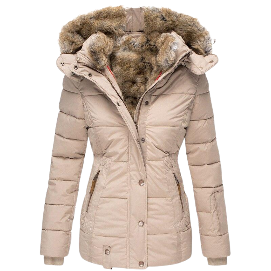 Robe d'hiver chaude | Manteau femme avec col en fourrure et surpiqûres
