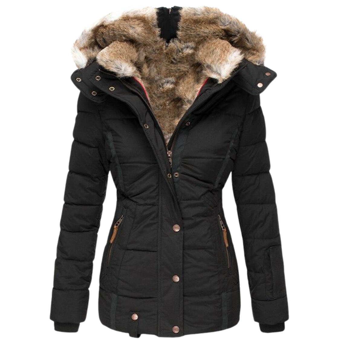 Robe d'hiver chaude | Manteau femme avec col en fourrure et surpiqûres