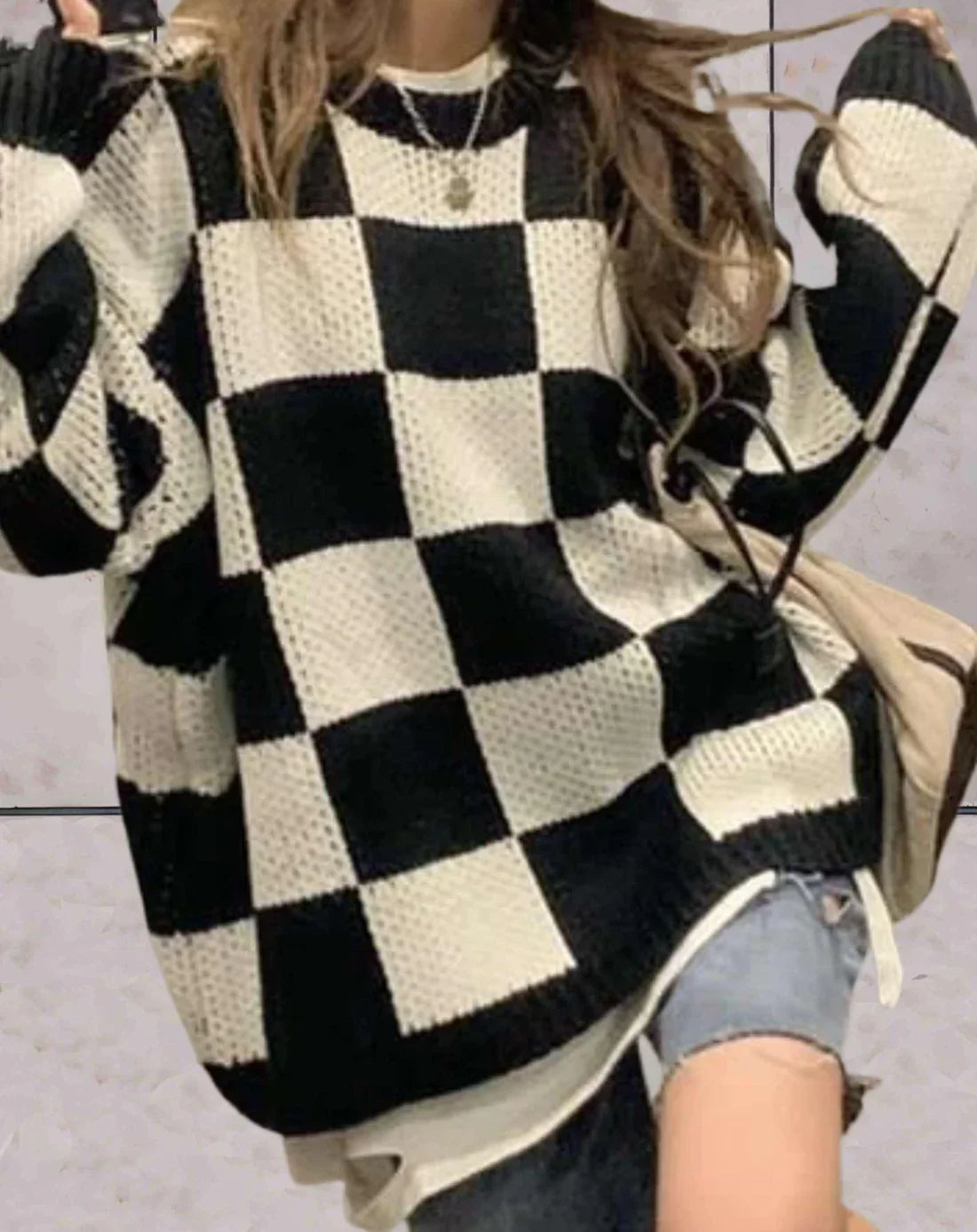 Pull tricoté à carreaux élégant pour femme