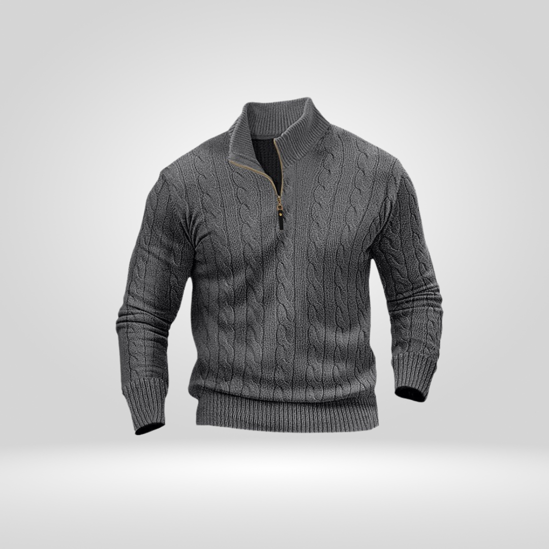 Pull pour homme en tricot torsadé avec demi-fermeture éclair