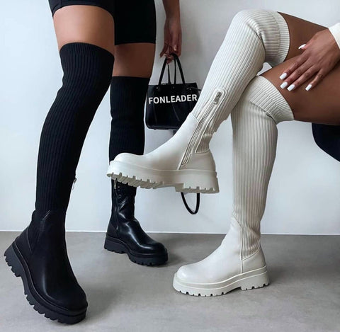 Kniehohe Strickstiefel Damen Elastisch - IdealeKleiden