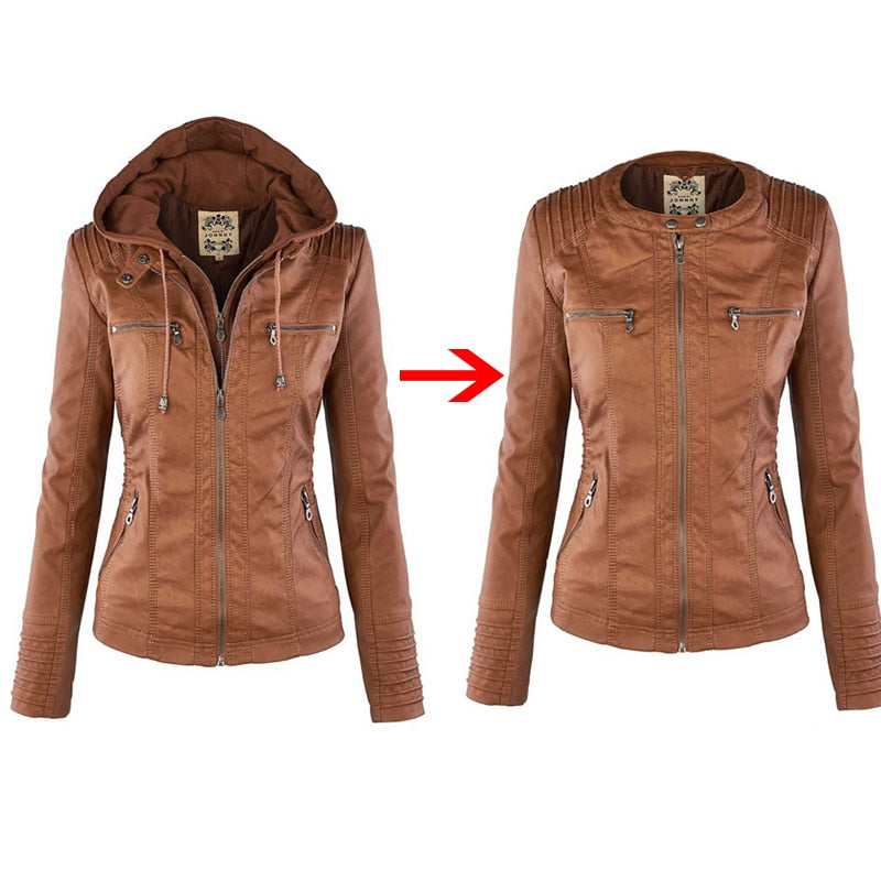 Lederjacke Damen Modern Kapuze - IdealeKleiden