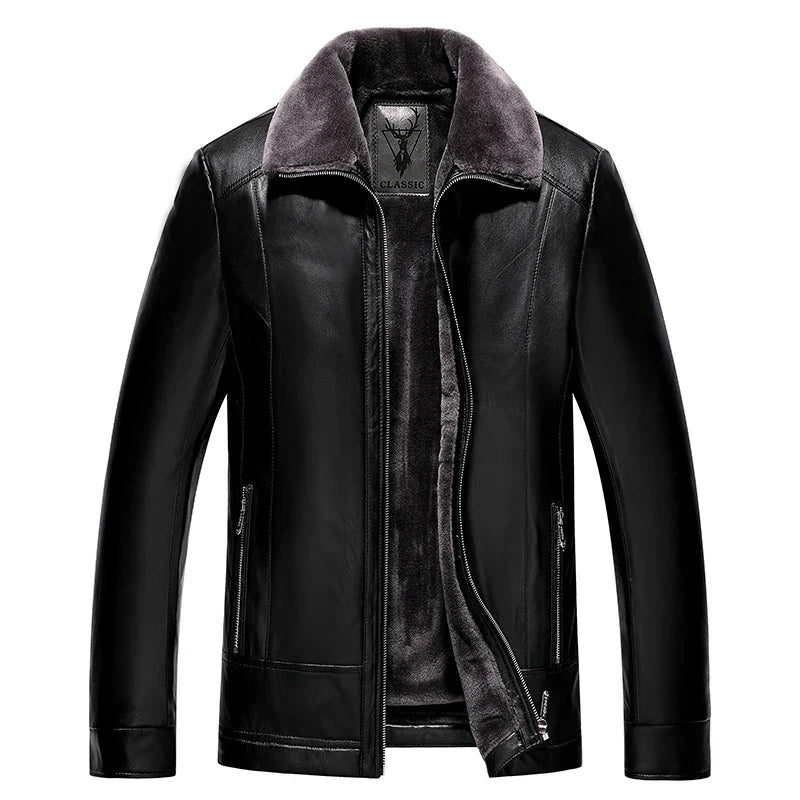 Blouson en cuir doublé polaire chaude, fourrure épaisse
