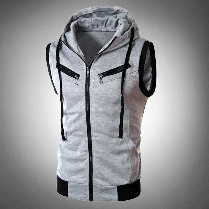 Gilet à capuche sans manches pour homme, sportif, avec fermeture éclair