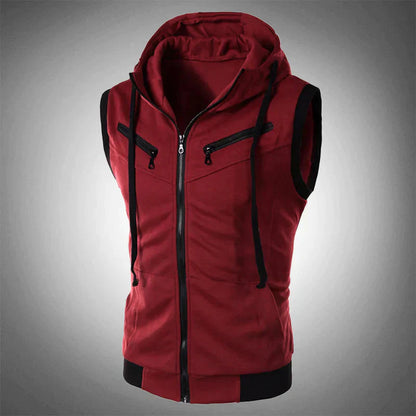 Gilet à capuche sans manches pour homme, sportif, avec fermeture éclair