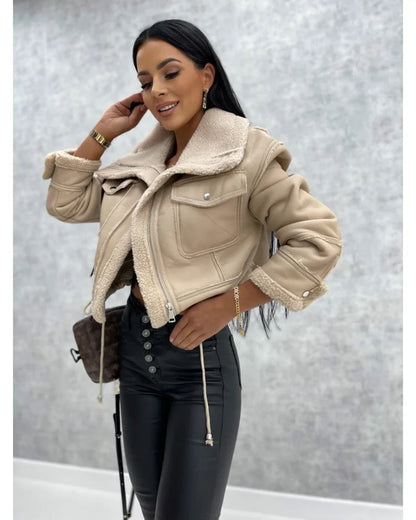 Blouson en cuir élégant noir avec doublure teddy pour femmes