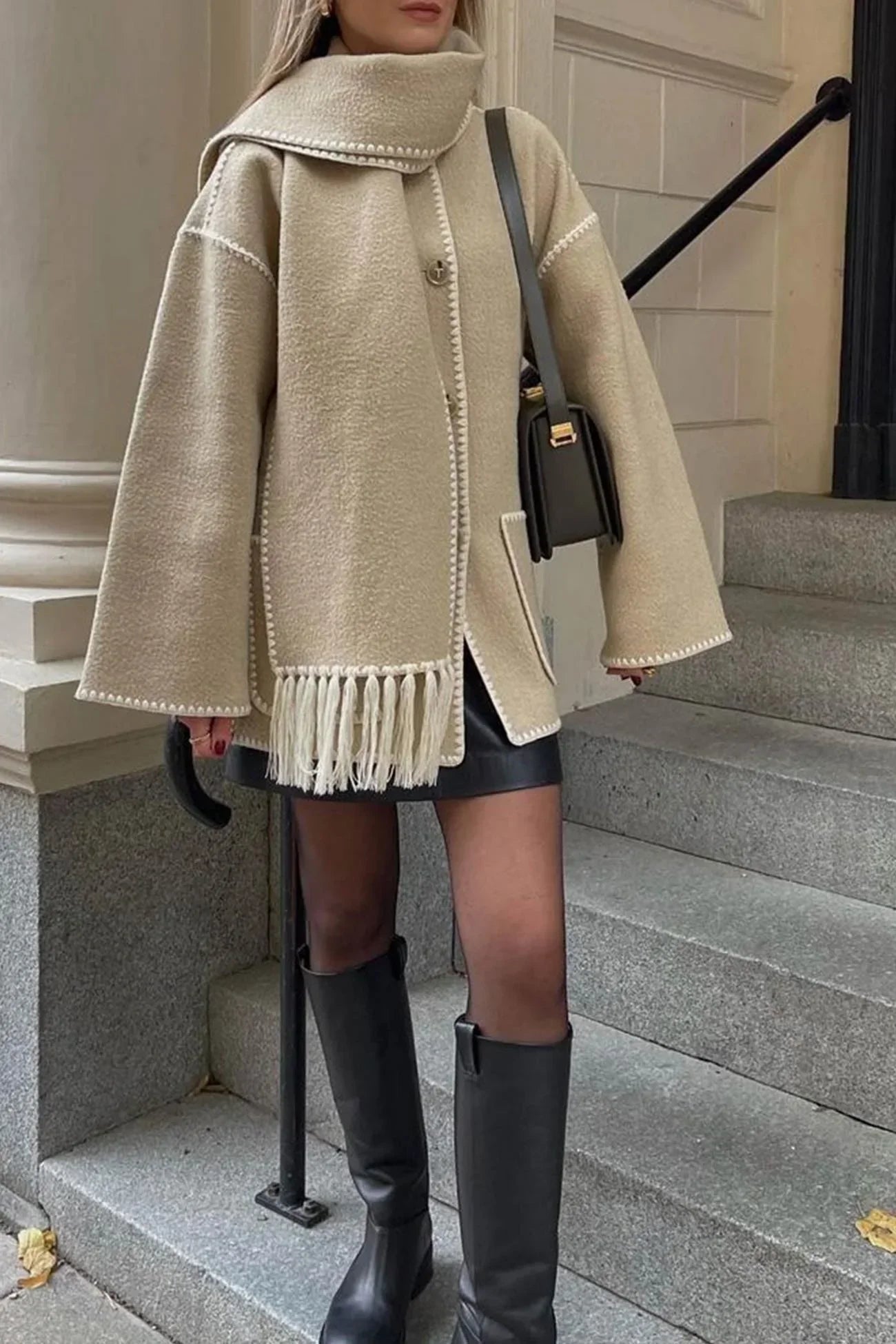 Manteau d'hiver style poncho, coupe oversize, mélange de laine
