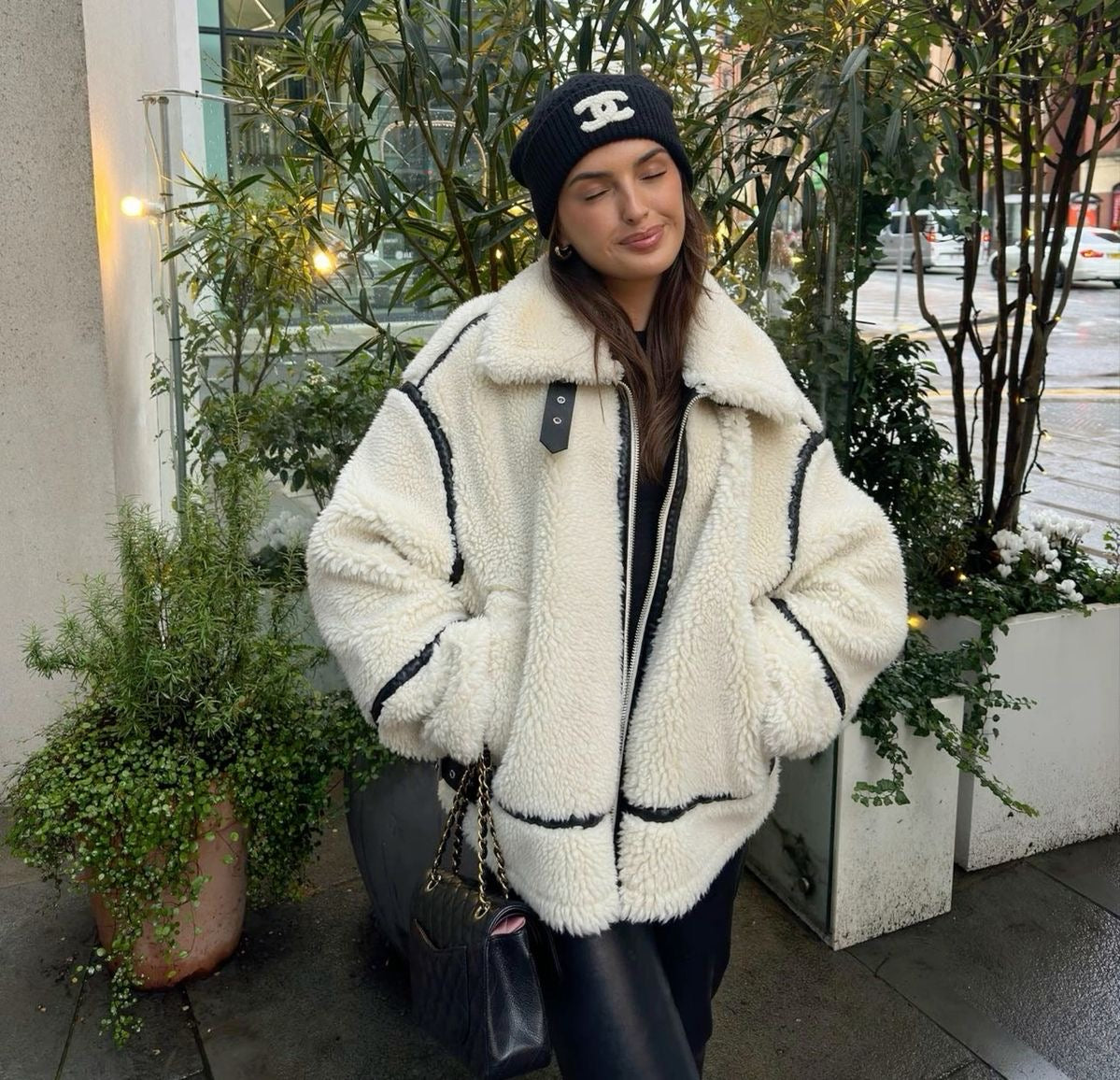 Veste oversize en peau lainée Douce Chaude Fermeture éclair