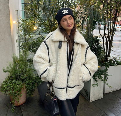 Veste oversize en peau lainée Douce Chaude Fermeture éclair