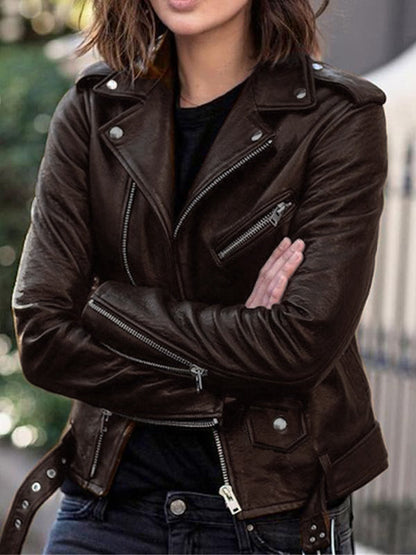 Blouson en cuir élégant pour femme avec fermeture éclair