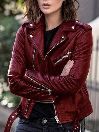 Blouson en cuir élégant pour femme avec fermeture éclair