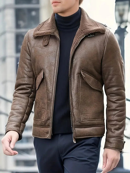 Blouson en cuir pour homme, doublure chaude en polaire