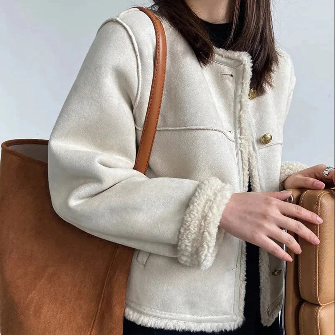 Veste en peau lainée Douce Doublée Col montant Design élégant