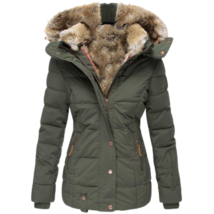 Robe d'hiver chaude | Manteau femme avec col en fourrure et surpiqûres