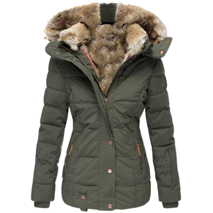 Robe d'hiver chaude | Manteau femme avec col en fourrure et surpiqûres