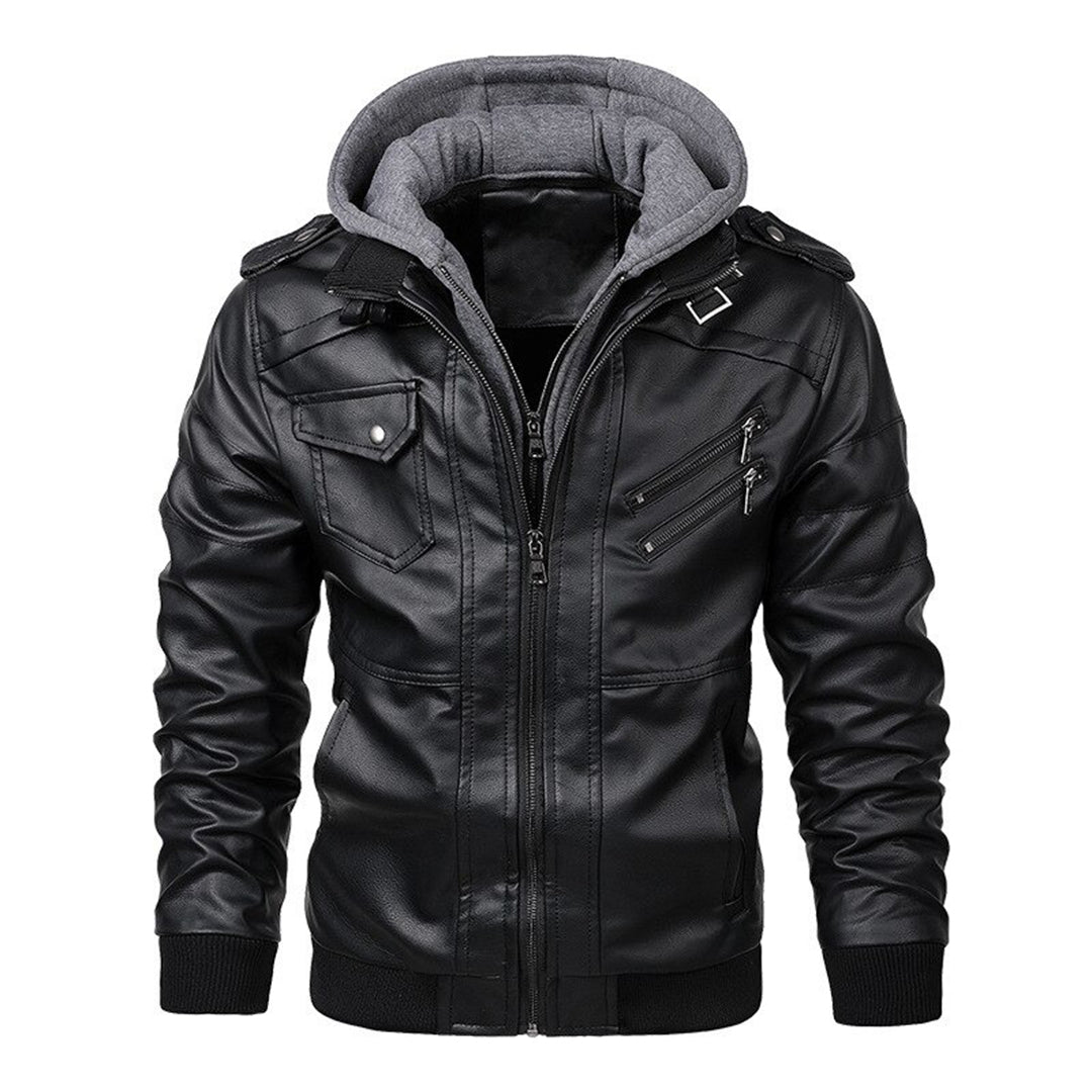 Blouson en cuir pour homme style motard à capuche