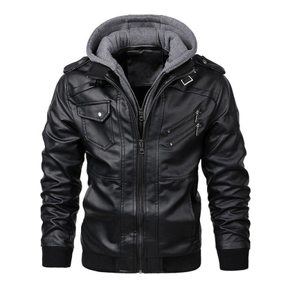 Blouson en cuir pour homme style motard à capuche