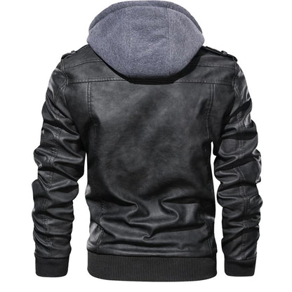 Herren Lederjacke Biker Style Doppellagige Kapuze - IdealeKleiden