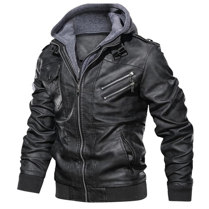 Blouson homme en cuir style motard à capuche double épaisseur