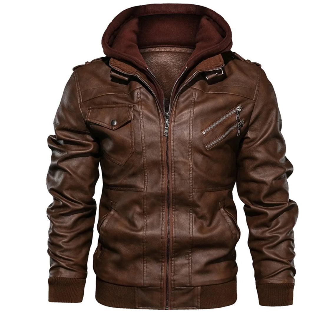Blouson en cuir pour homme style motard à capuche