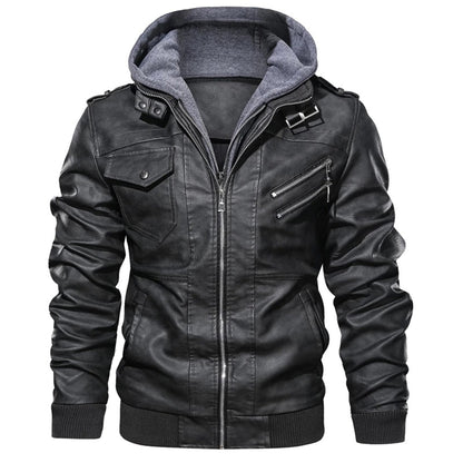Blouson en cuir pour homme style motard à capuche