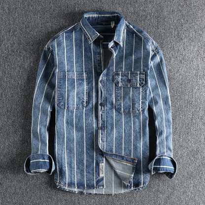 Chemise en jean à rayures manches longues boutonnée pour homme