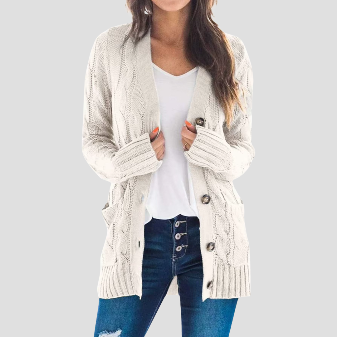 Cardigan femme torsadé chaud avec boutons et poches