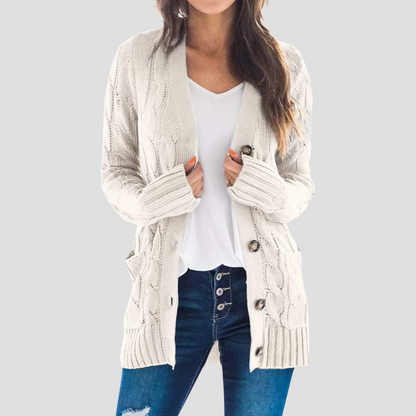 Cardigan femme torsadé chaud avec boutons et poches