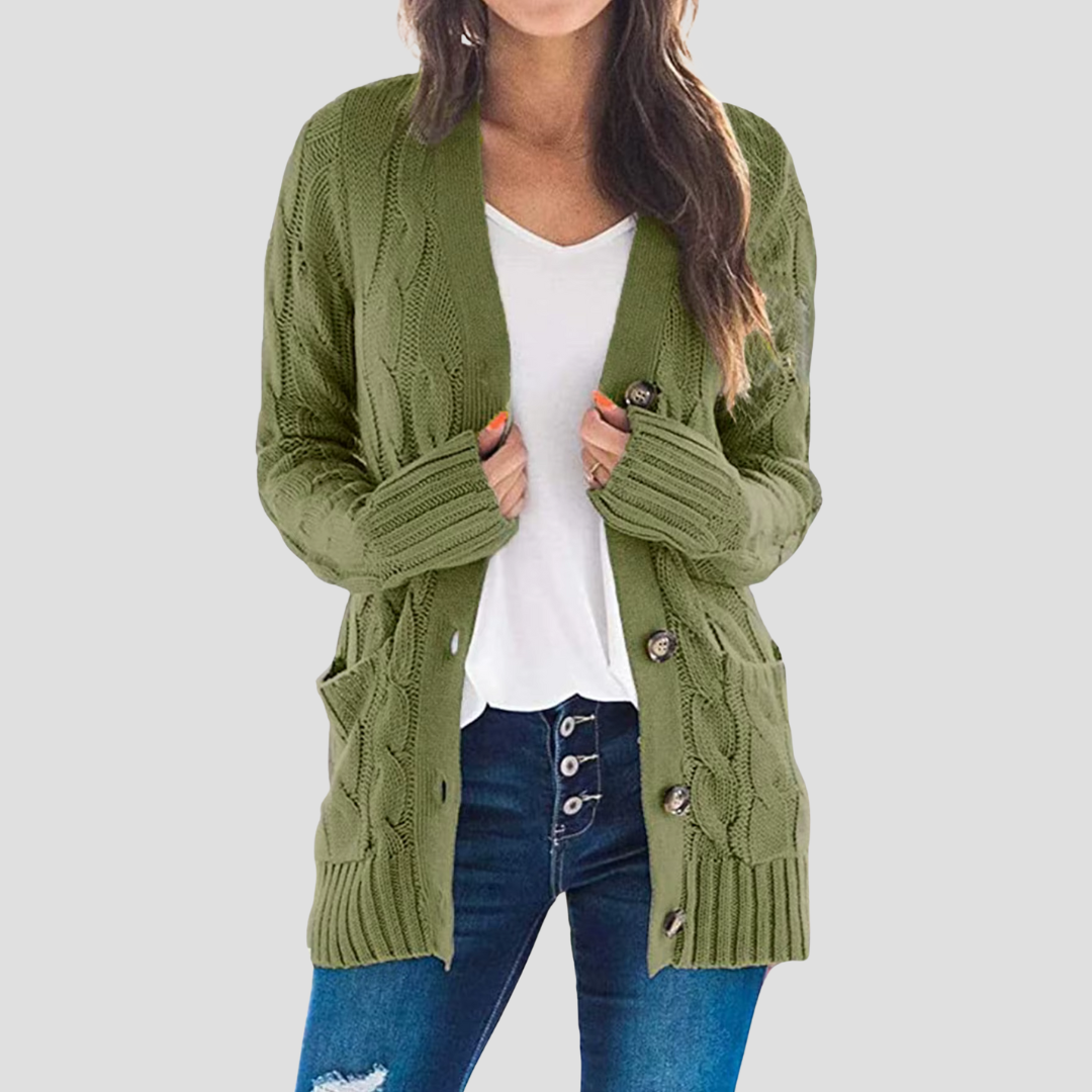 Cardigan femme torsadé chaud avec boutons et poches