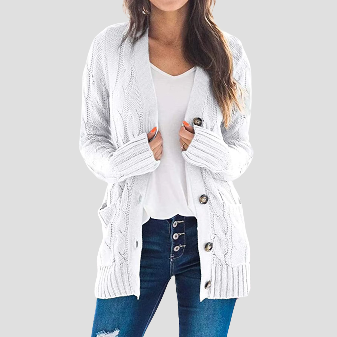 Cardigan femme torsadé chaud avec boutons et poches