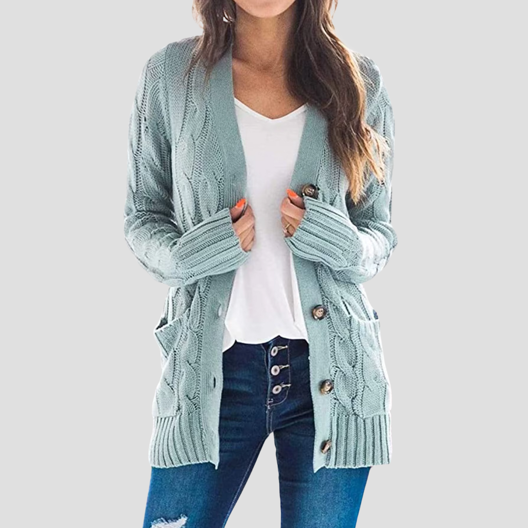 Cardigan femme torsadé chaud avec boutons et poches