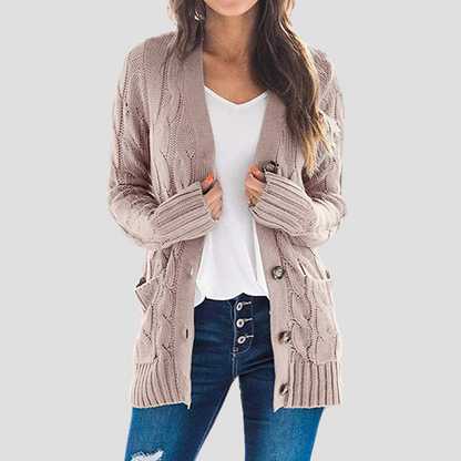Cardigan femme torsadé chaud avec boutons et poches