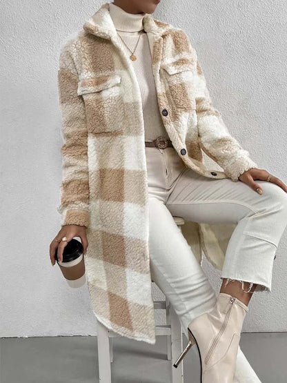 Manteau Teddy doux à carreaux pour femme Hiver