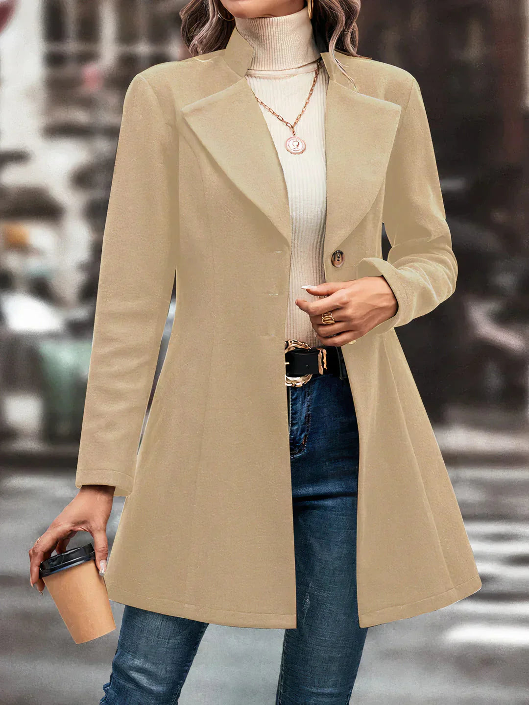 Manteau mi-long à revers pour femme - Manteau de mi-saison élégant → Manteau long élégant à revers pour femme